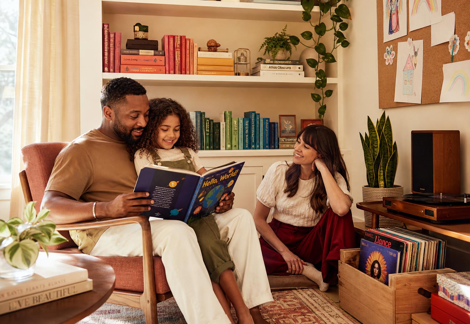 A colourful young family's living room with rainbow book spines and crates of vinyl records